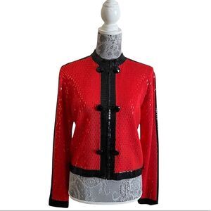 St. John Evening Red & Black Zip Front Paillette Jacket Size 8